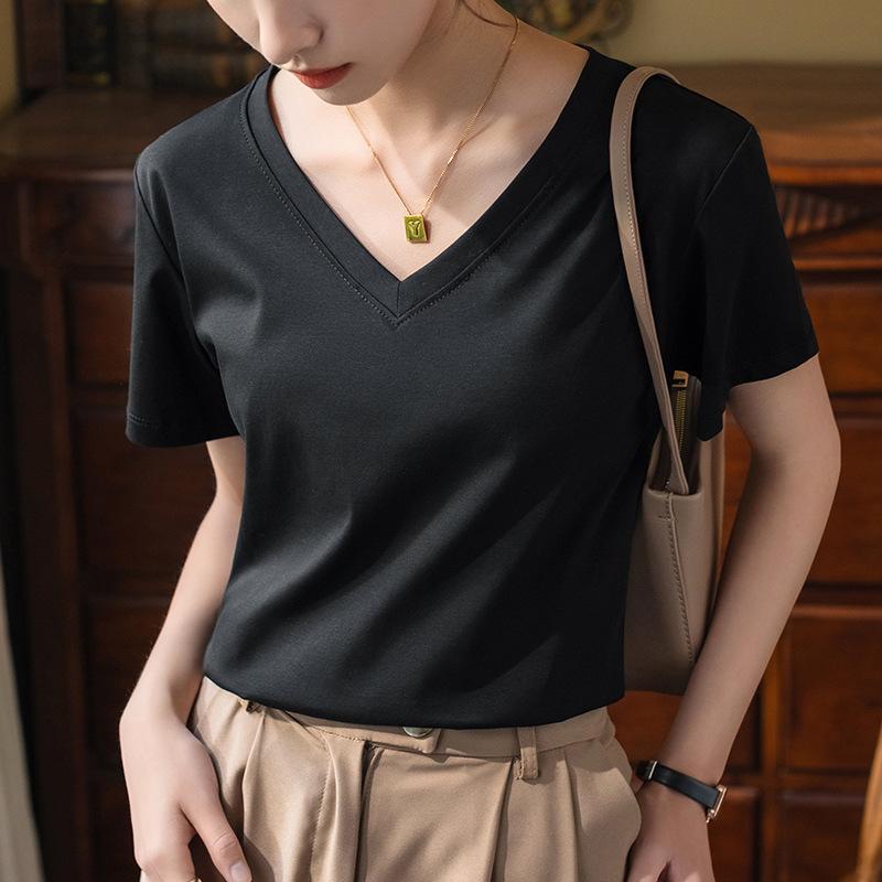 80 Двусторонняя футболка из мерсеризованного хлопка с короткими рукавами для женщин, новая женская футболка из чистого хлопка с V-образным вырезом, закрывающая живот