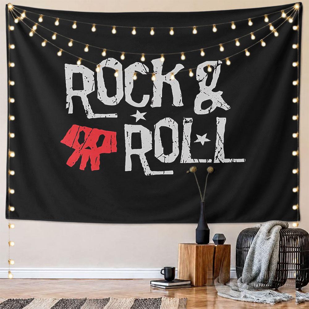 Grunge-style text "Rock & Roll" with red skull illustration on black. Patterned tapestry for bedroom and living room home decor