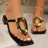 Fashion Luxury Large Metal Hollow Clip Toe Slippers PU Leather Square Head Flip Flops Soft Sole Comfortable Low Platform Sandals
