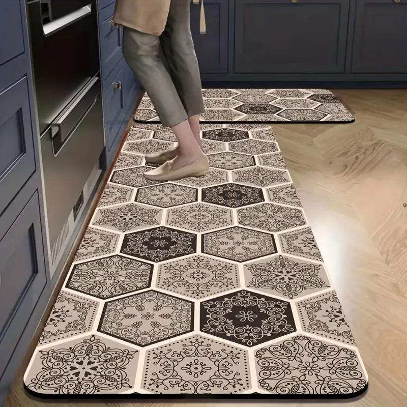 Elegant Hexagonal Pattern Kitchen Mat - Non-Slip, Ultra-Absorbent, Quick-Dry Floor Mat for Bathroom, Living Room, Bathroom Mat Bathroom Floor Mat