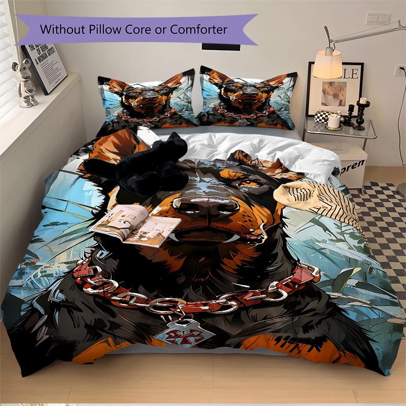 3pcs Doberman Pinscher Pattern Bedding Set, Includes 1 Comforter + 2 Pillowcases, Without Pillow Inserts, Soft Comfortable, Lightweight Brea