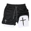 Cross Print 2 In 1 Workout Running Shorts for Men Christian Gym Athletic Shorts with Compression Liner Phone Pocket Towel Loop