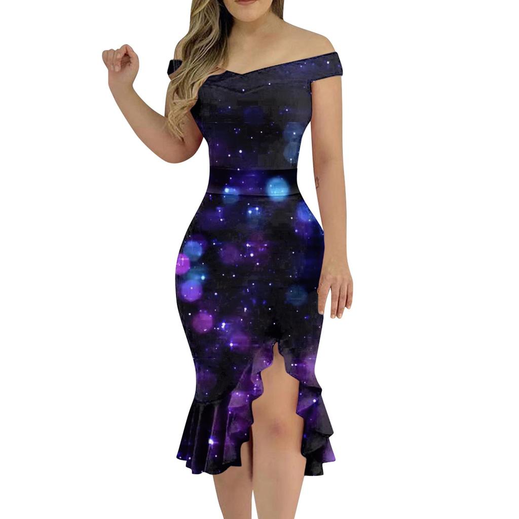 Women's Sexy Dress Off Shoulder Printing Tight  Irregular Bottom Dress