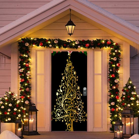 Christmas Door Cover Colorful Print Christmas Door Decoration Backdrop Front Door Decor Holiday Festive Xmas Party Supplies