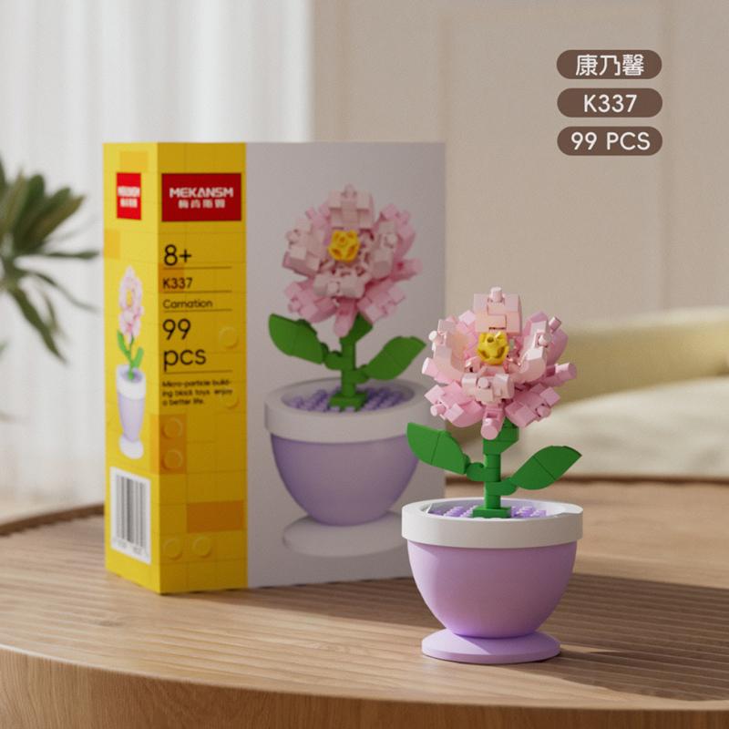 Конструктор, цветочные горшки, розы, подсолнухи, гвоздики, мелкозернистые детские развивающие сборные игрушки, украшения
