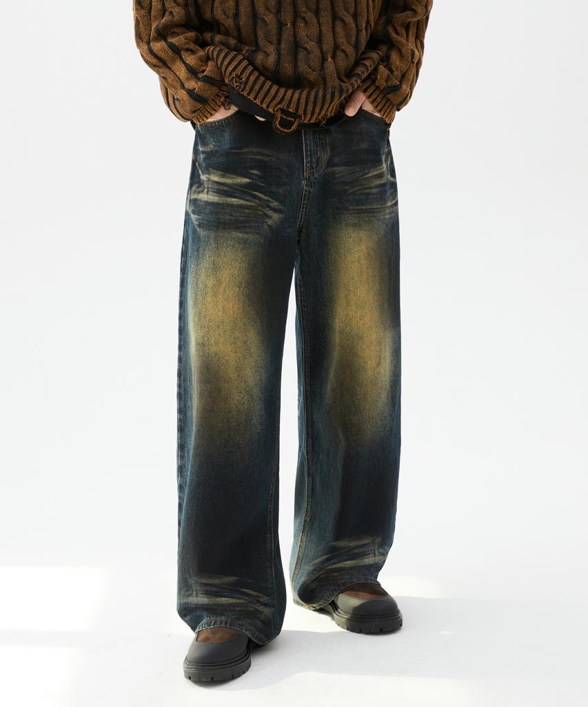 TRILLION Dirty Brush Washed Wide Denim Pants (Deep Green)