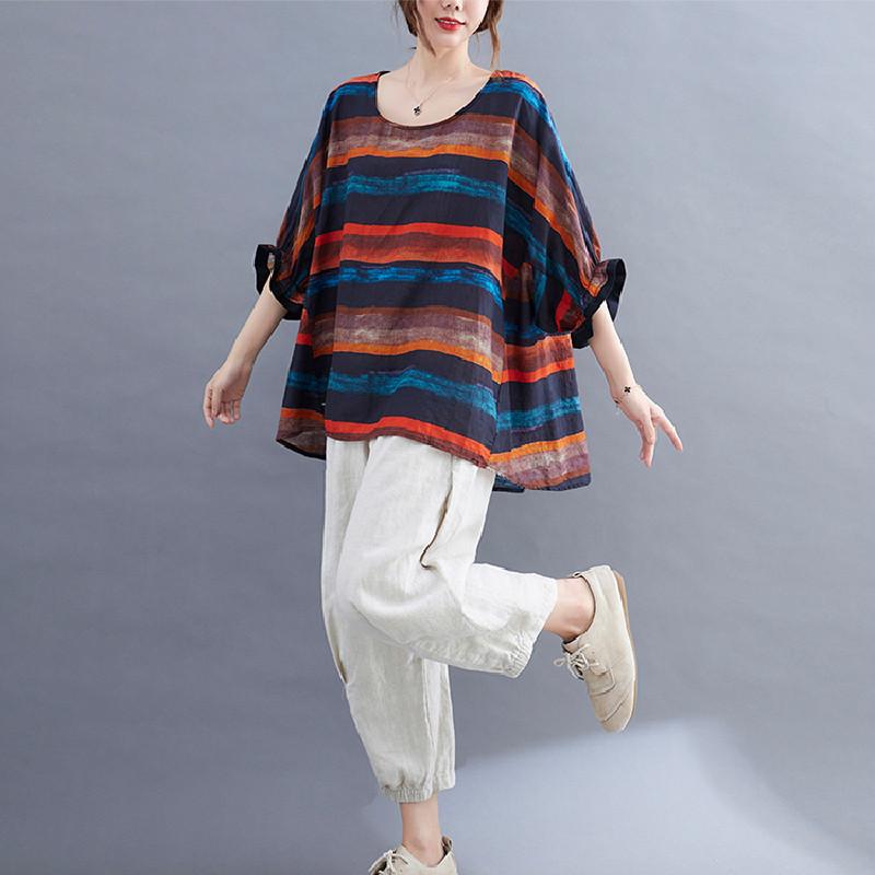 Contrast Womens Large Stripe Summer Print Batshirt Top Womens Summer Sunscreen Shirt Tshirt Women