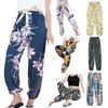 Women Summer Elastic Drawstring Waist Wide Leg Pants Floral Print Beach Trousers Leisure Travel Casual Trousers