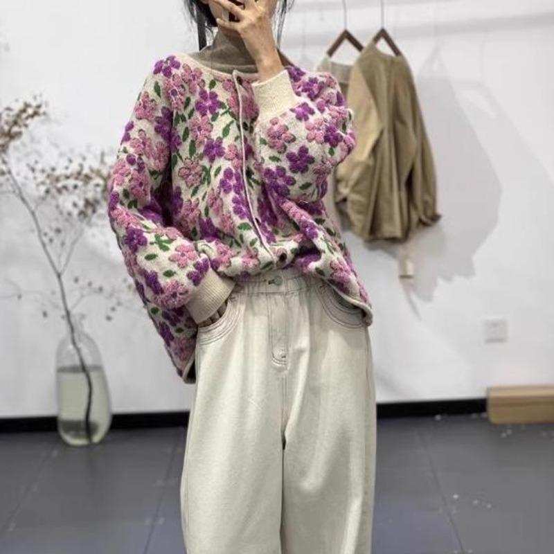 Sweaters Flower Cardigan Autumn Women Print O-Neck Sweaters Knitting Loose Sweater Black