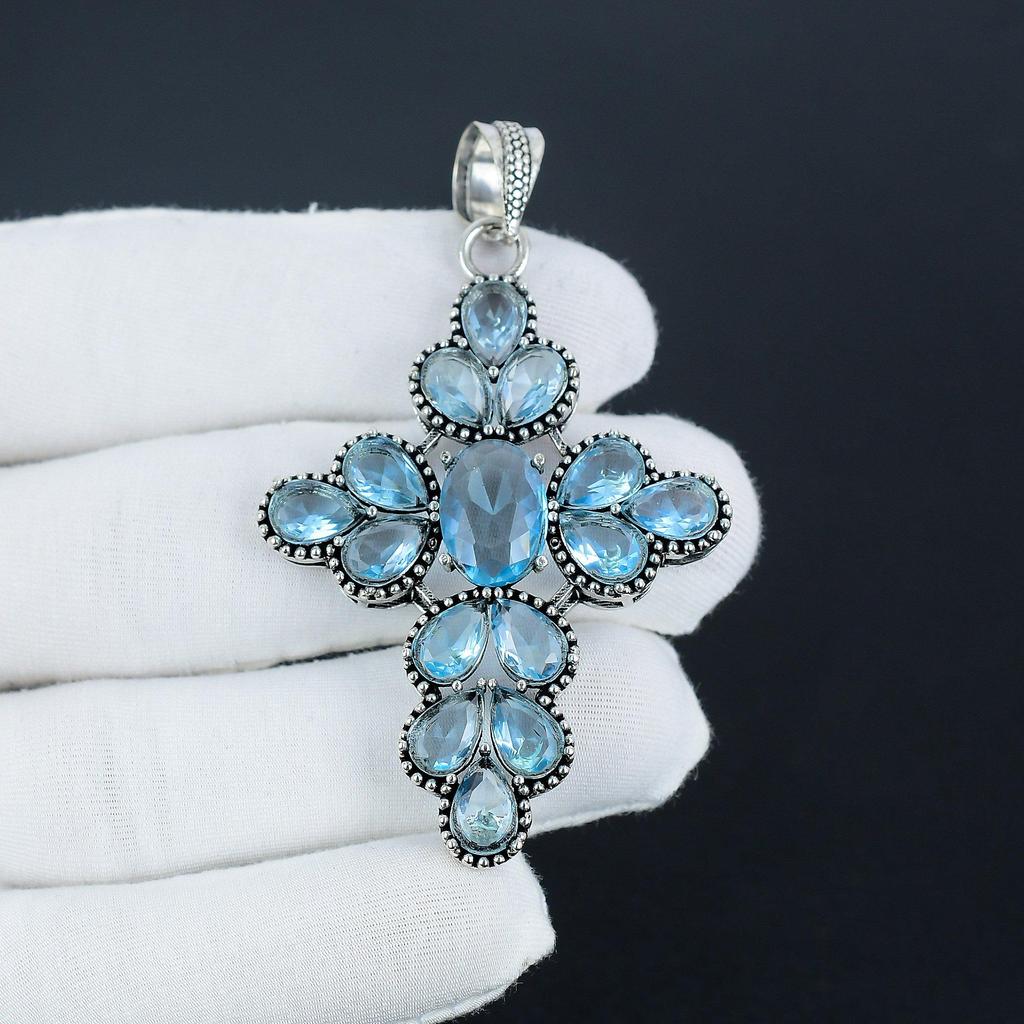 Удивительный серебряный крест с драгоценным камнем из голубого топаза из стерлингового серебра 925 пробы - дизайн груши ручной работы, повседневная одежда, праздничный наряд, подарок