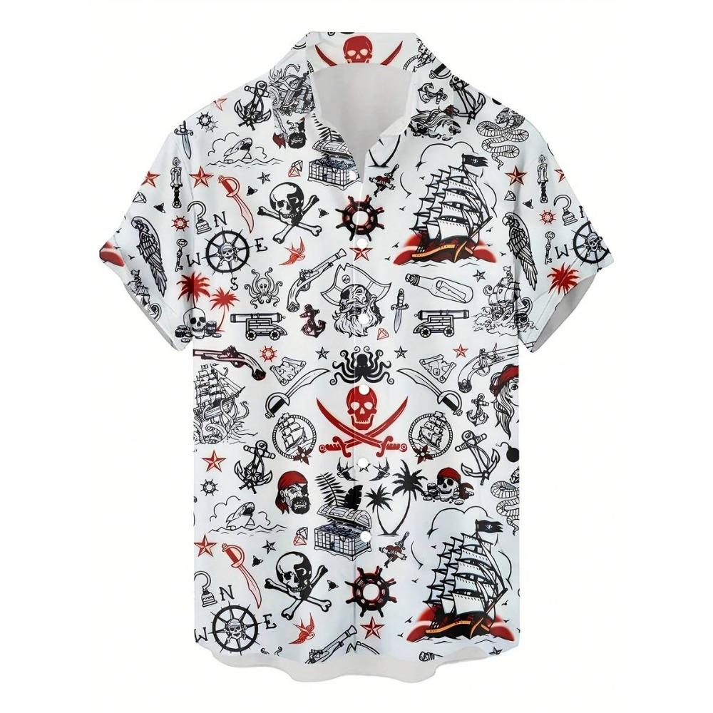 Men's pirate themed 3D printed short sleeve shirt skull and crossbones, skull flag, treasure chest design with treasure map and nautical icons