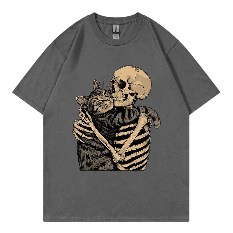 Skeleton Hugging Cat Graphic T Shirts Unisex Unisex Fashion Vintage Short Sleeve Tshirts Summer Casual Cotton Tshirt Streetwear