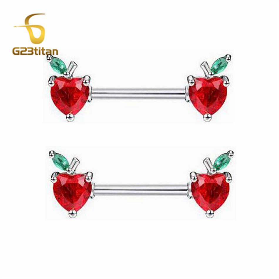 2pc 14G Titanium Nipple Barbell Sweet Red Crystal Cherry Shaped Breast Rings for Women Piercing Nipplr Jewelry Body Accessories