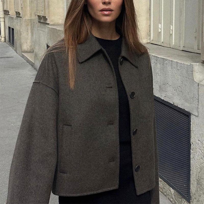 Fashion Turn Down Collar Fleece Short Coats For Women Casual Solid Single Breasted Pockets Jackets Autumn Female Chic Outerwear