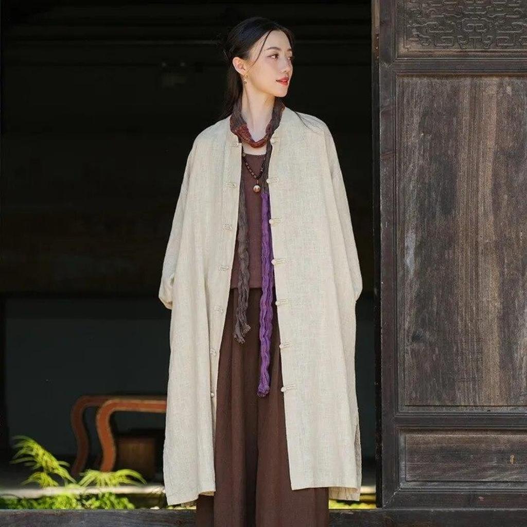 Женский Тренч в китайском стиле, сплошной цвет, пальто-стойка, осенний винтажный плащ с рукавами-фонариками на пуговицах