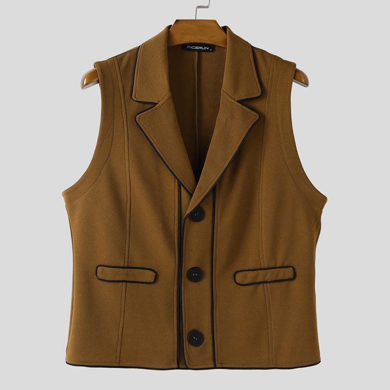 INCERUN Men Lapel Neck Sleeveless Stitching Casual Thin Slim Vest Waistcoat