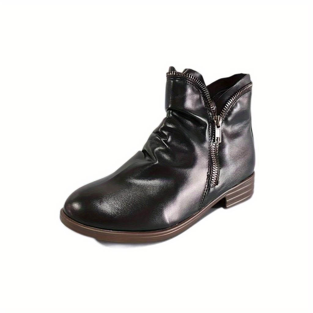 Womens Double Zipper Ankle Boots - Stylish & Comfortable with Chunky Low Heel - Timeless Solid Color, Vintage Ruched Detail - Trendy Short Boot