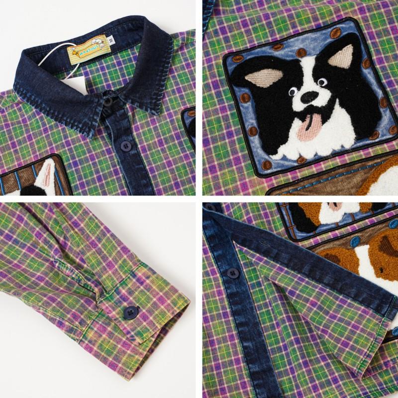 American Retro Cartoon Dog Embroidered Plaid Shirt Loose Long Sleeve Button Up Teen Boys