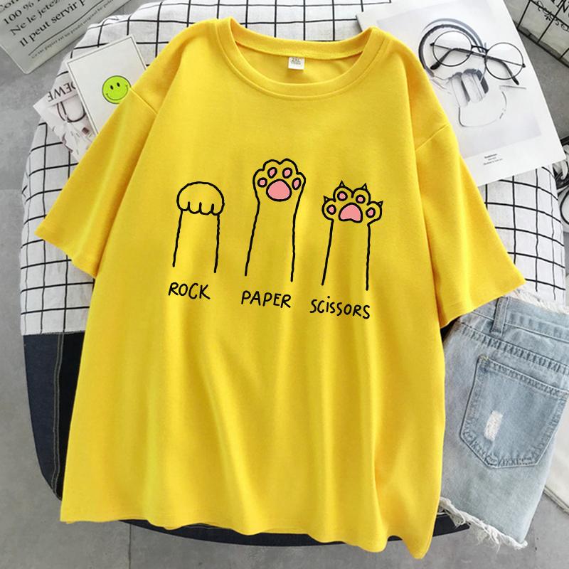Футболка с забавным принтом «камень, ножницы, бумага, кот», женская летняя мягкая свободная футболка, модная повседневная футболка с коротким рукавом из хлопка
