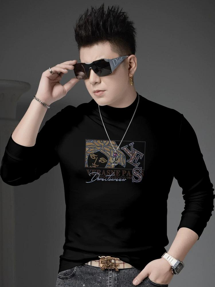 European Style Half-High Collar Long-Sleeve T-Shirt for Men, 2025 Autumn Trendy Brand Printed Rhinestone Casual Top Men's Base Shirt