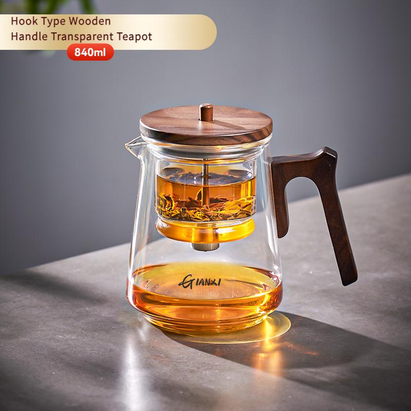 Home Tea Pot with Lift Filter Walnut Anti-Scalding Handle Tea Kettle Thickened High Borosilicate Pyrex Kung Fu Teapot