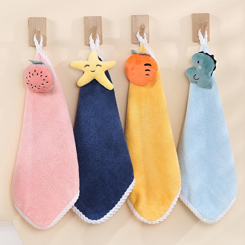 Hand Towel 4pcs Hanging Towel Cartoon Pure Coral Fleece Cloth Double-Sided Water Absorption Hanging Kitchen Towel