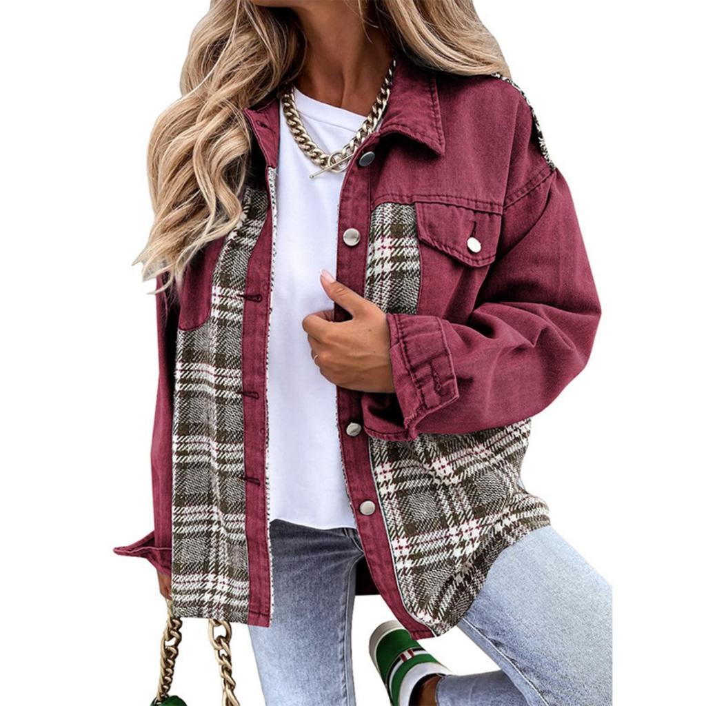 Denim Jacket, Long Sleeved, Checkered, Button Up, Shirt, Jacket Top