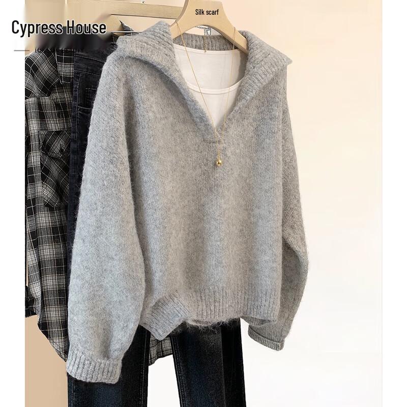 Women's Solid Color Lapel Long Sleeve Loose Sweater