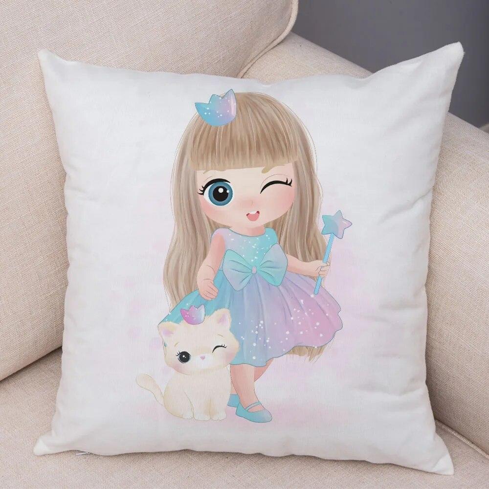 Children's Room Sofa Home Pillowcase Cute Cartoon Girl and Cat  Decoration  Animal Cushion Cover