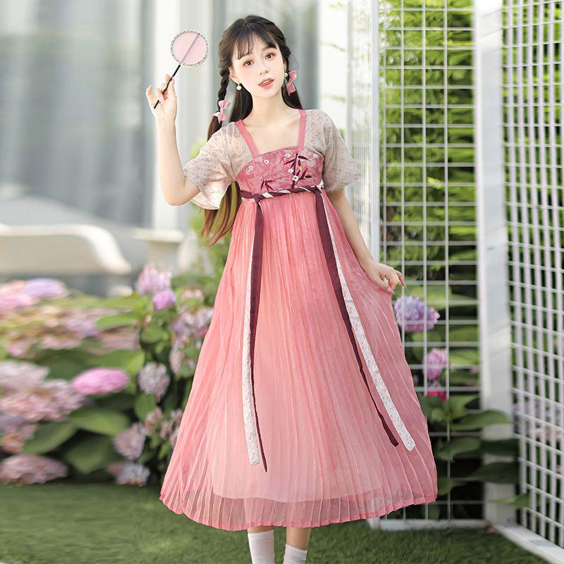 Женское улучшенное свободное платье средней длины Hanfu с короткими рукавами большого размера