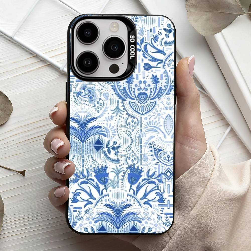 Сине-белый фарфоровый чехол для телефона iPhone17,16,15,14,13,12,11 Plus,Pro Max Черный Конфетный серебристый чехол для телефона