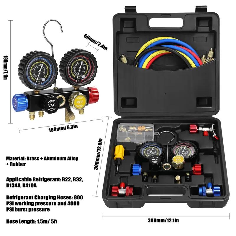 Manifold Gauge Set Car Air Conditioner Refrigerant Charging Tool 4-Way Dual-Value Pressure Gauge for R22/R134A/R410A Refrigerant