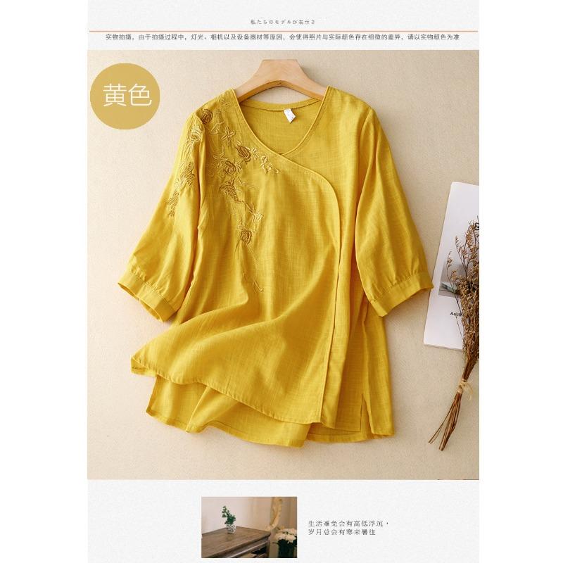 Новый летний стиль 700-й рукав три четверти Вышитая рубашка для женского литературного ретро свободного кроя Вышитый хлопок и лен Топ