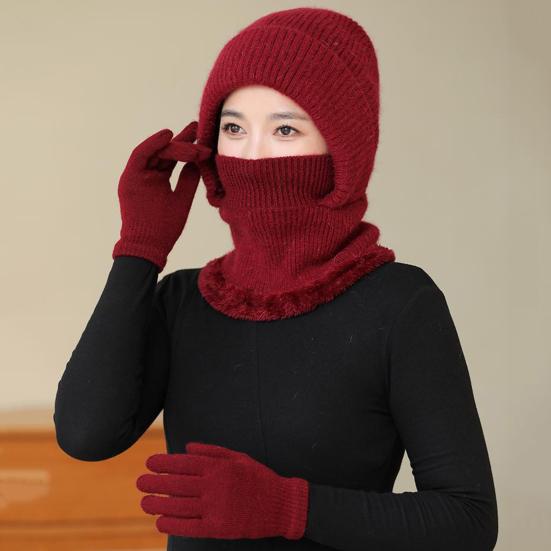 2Pcs/Set Women Hat Gloves Set Solid Color Plush Lining Knitting Beanie Hat with