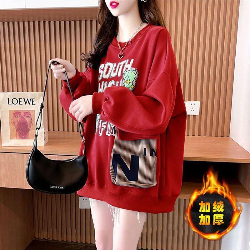 Thick Velvet Mid-length Sweatshirt for Women In Autumn and Winter Versatile Pocket Splicing Top
