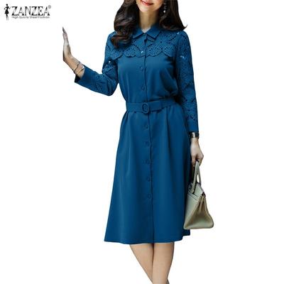 Женское повседневное платье с отложным воротником, длинным рукавом и кружевной отделкой