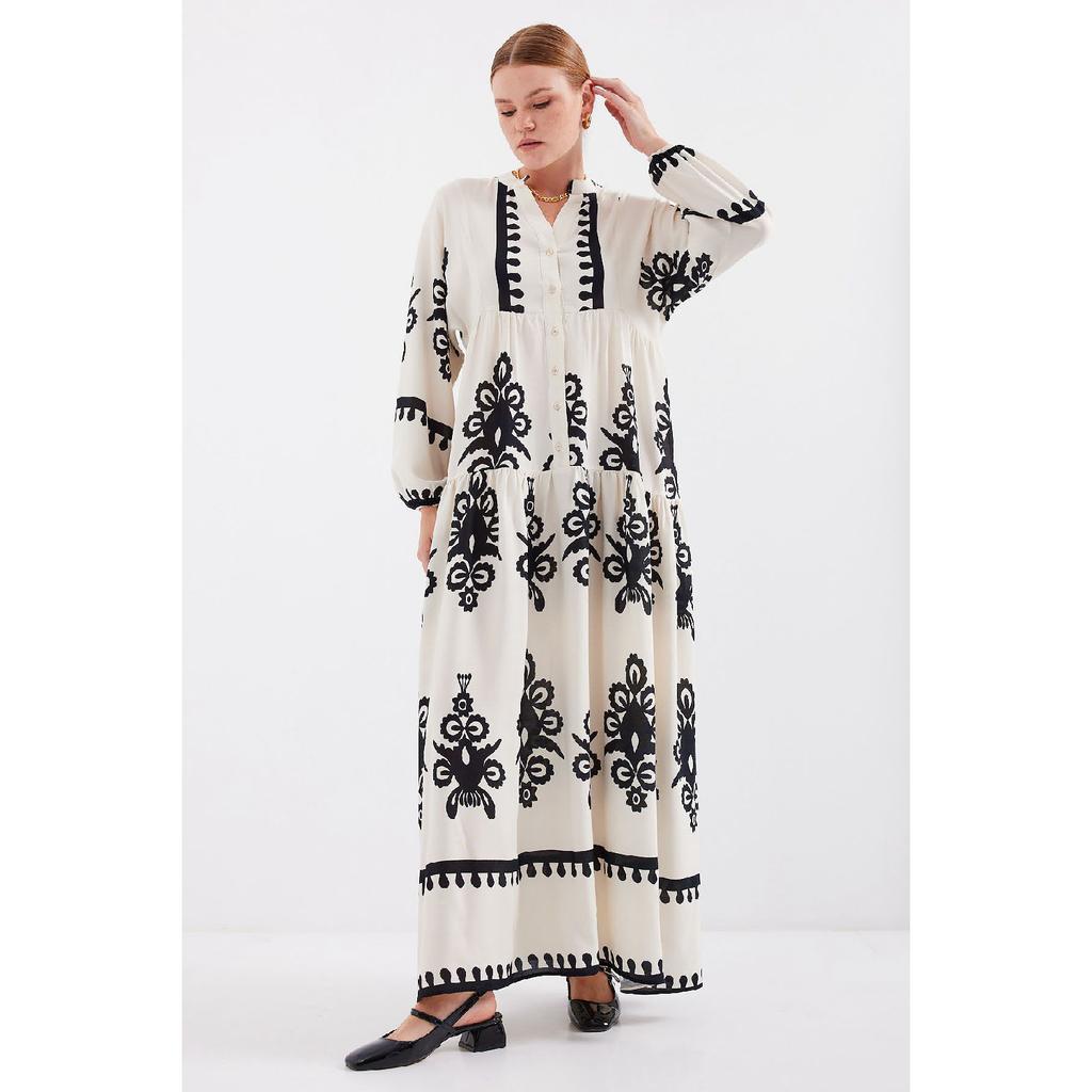 2423 Authentic Patterned Dress - M. Cream