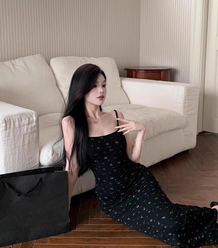 Floral suspender dress female summer spice tight black waist sexy split hip long dress