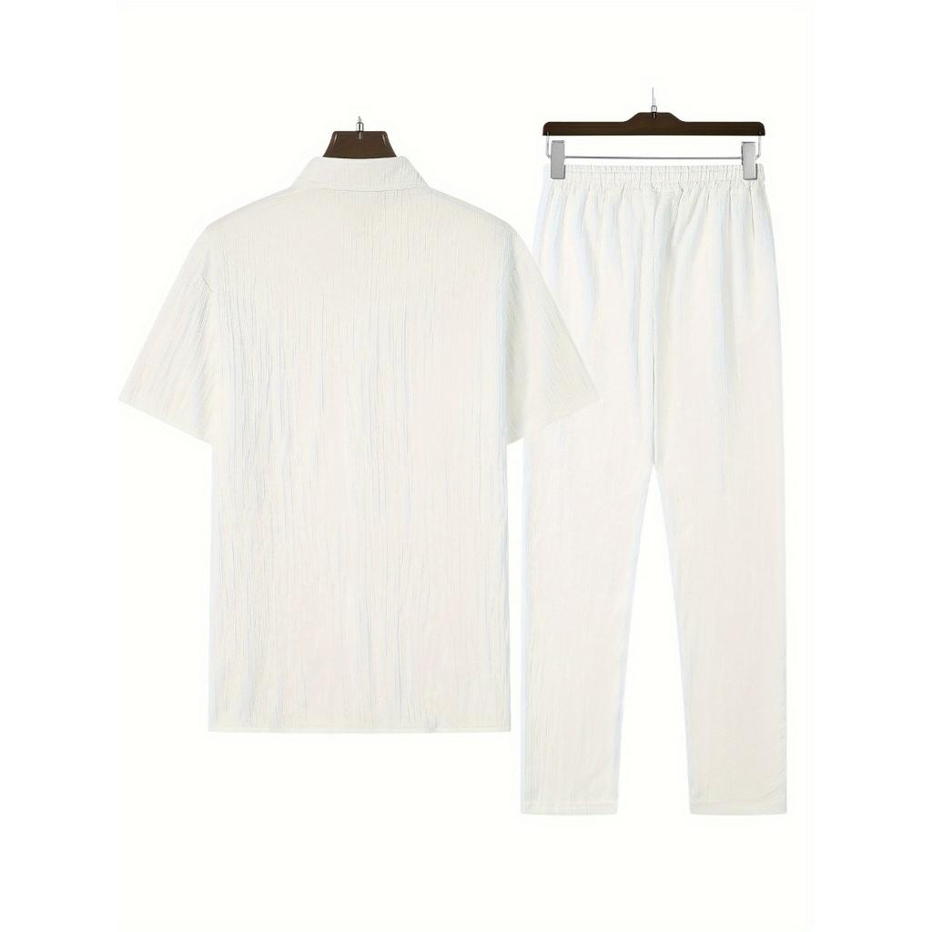 Мужская повседневная полосатая толстовка с коротким рукавом, воротником-стойкой на пуговицах и эластичным поясом, брюки из полиэстеровой ткани с добавлением эластана, двухкомпонентный