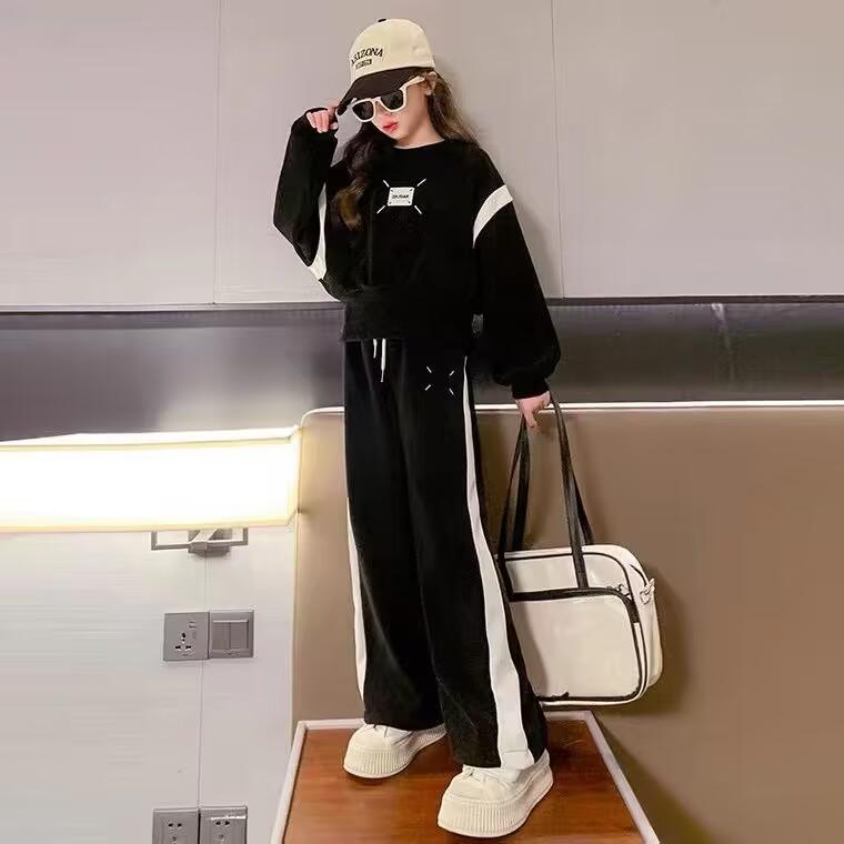 Модный комплект из двух предметов для девочек весна/осень: Стильная короткая толстовка и широкие брюки