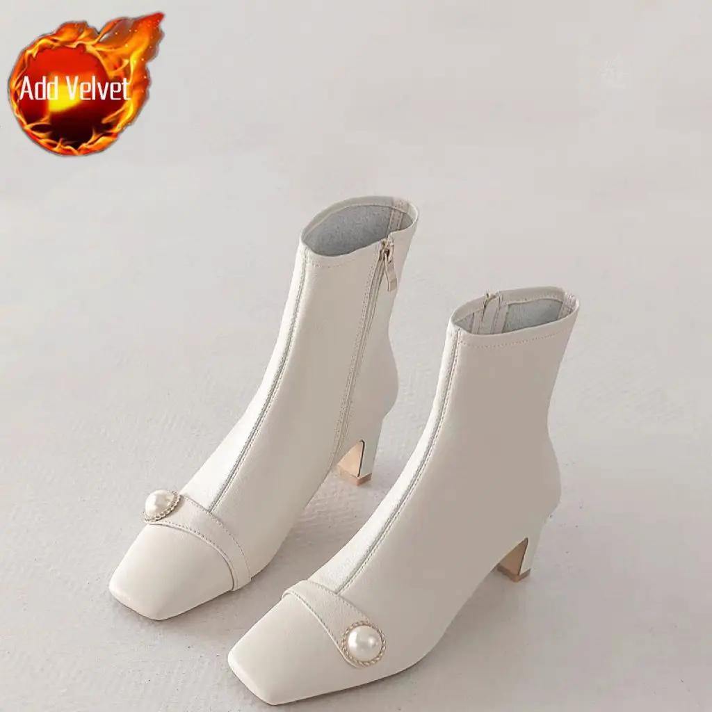 Обувь Белые женские ботильоны со стразами Короткие туфли для женщин Элегантные на среднем каблуке Ботильоны из искусственной кожи Новые рок-н-ролльные горячие Y2k
