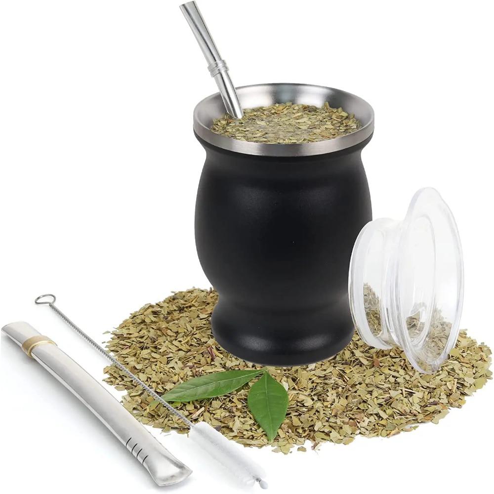 Yerba Mate Натуральный набор из тыквы/чашек для чая с крышкой (Оригинальная традиционная чашка для мате - 230 мл) | Включает 2 бомбильи (Соломинки для Йерба Мате)
