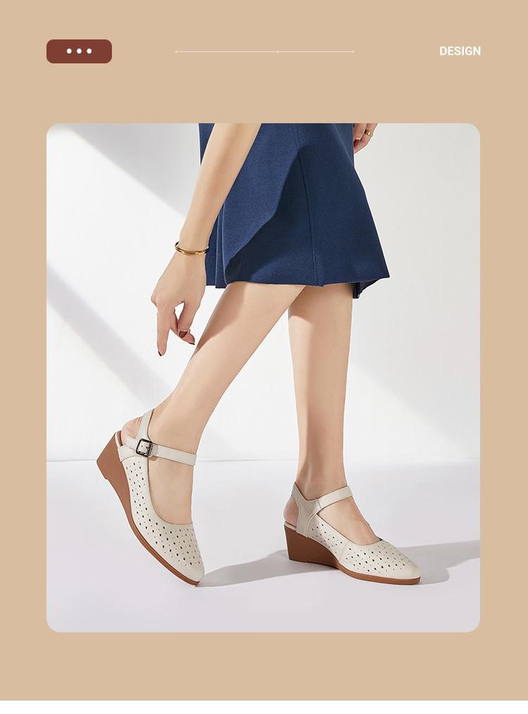 Women's Top Layer Cowhide Leather Perforated Breathable Sloping Heel Mary Jane Single Shoes
