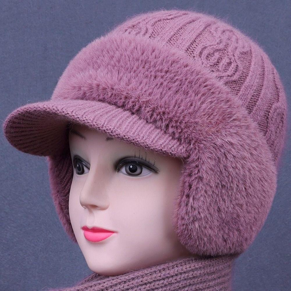 Windproof Women's Winter Hat Faux Rabbit Fur Knit Visor Beanie Autumn Winter Outdoor