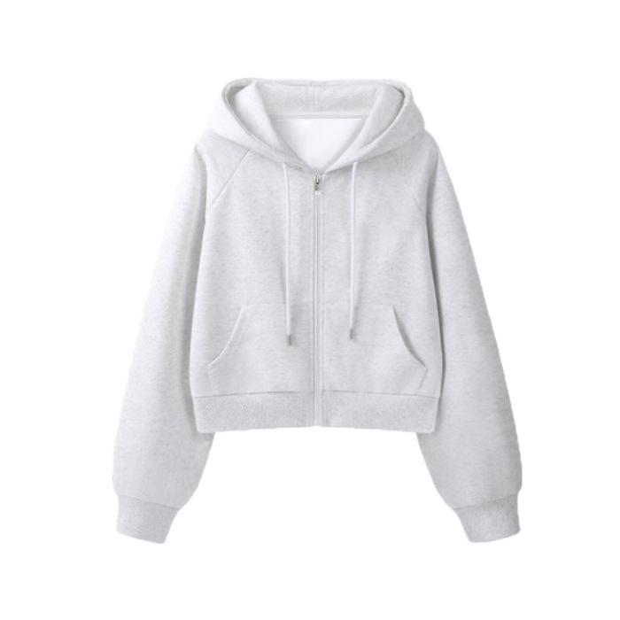 Women's Gray Hooded Zipper Cardigan - Long-Sleeve Sweater Jacket for Spring and Autumn
