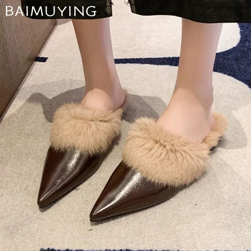 Fur Pointed Toe Slippers Women Mules Shoes Flats Woman 2025 Trend Winter Elegant Fashion Warm Dress Party Zapatillas De Mujer
