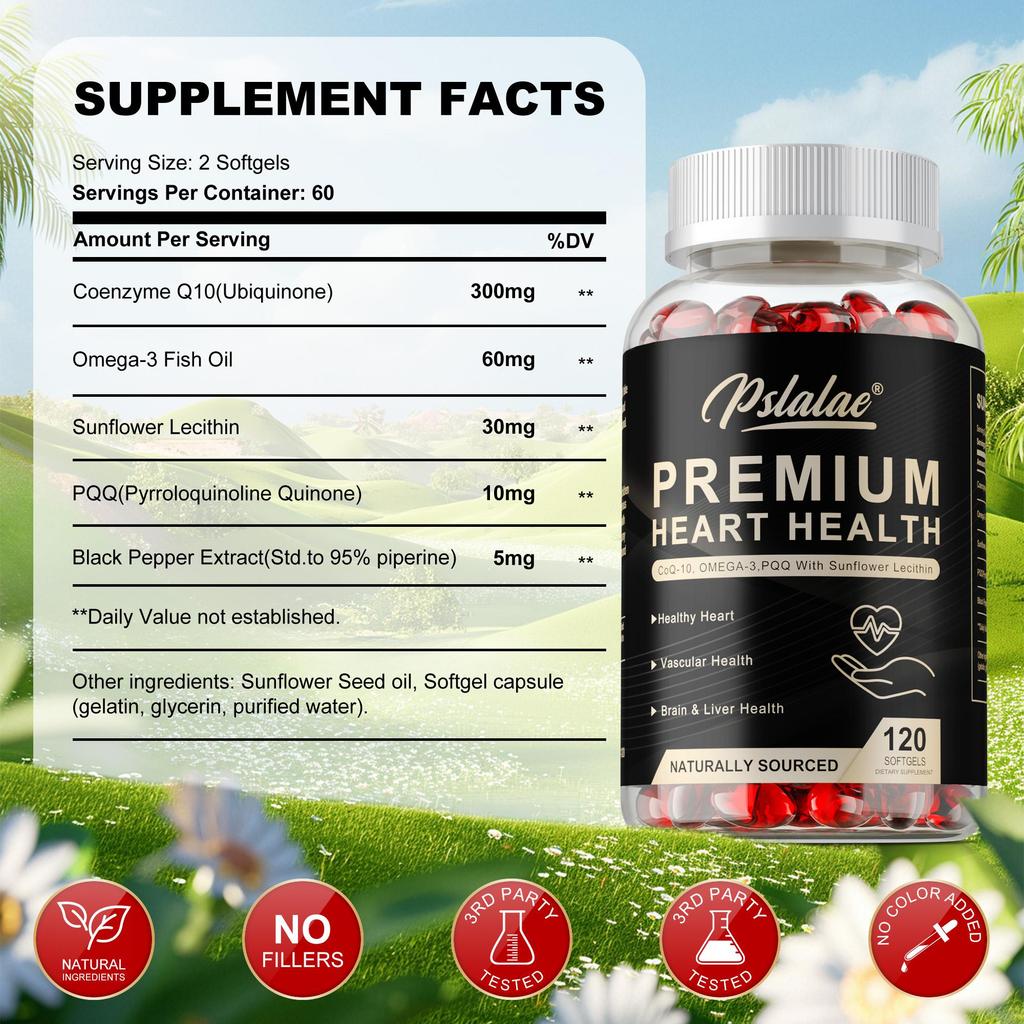 Complex soft capsules, containing fish oil, coenzyme Q10 extract, natural plant nutrients, suitable for both men and women.