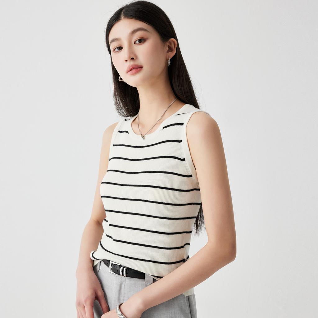 Basic Versatile: Spring/Summer Round Neck Contrast Striped Sleeveless Bottom for Wearing Wool Blended Tank Top for Women