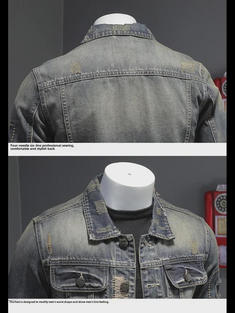 Мужская облегающая куртка из ретро-джинса 2023 года в стиле мотоцикла с рваными краями
