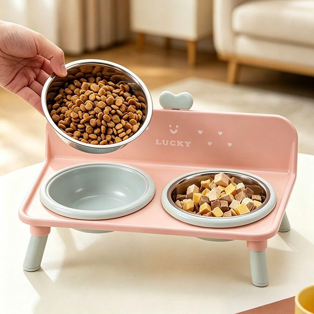 Love-heart Double Bowl Pet High-foot Bowl Anti-slip Cat Feeder Bowl Cat Bowl for Puppy and Cat
